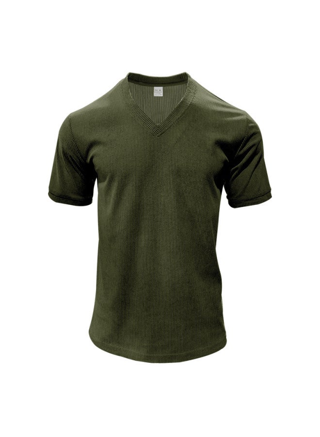 Men's Summer V-neck Corduroy Short-sleeve Solid Color Slim-fit Casual Oversize Export T-shirt Men