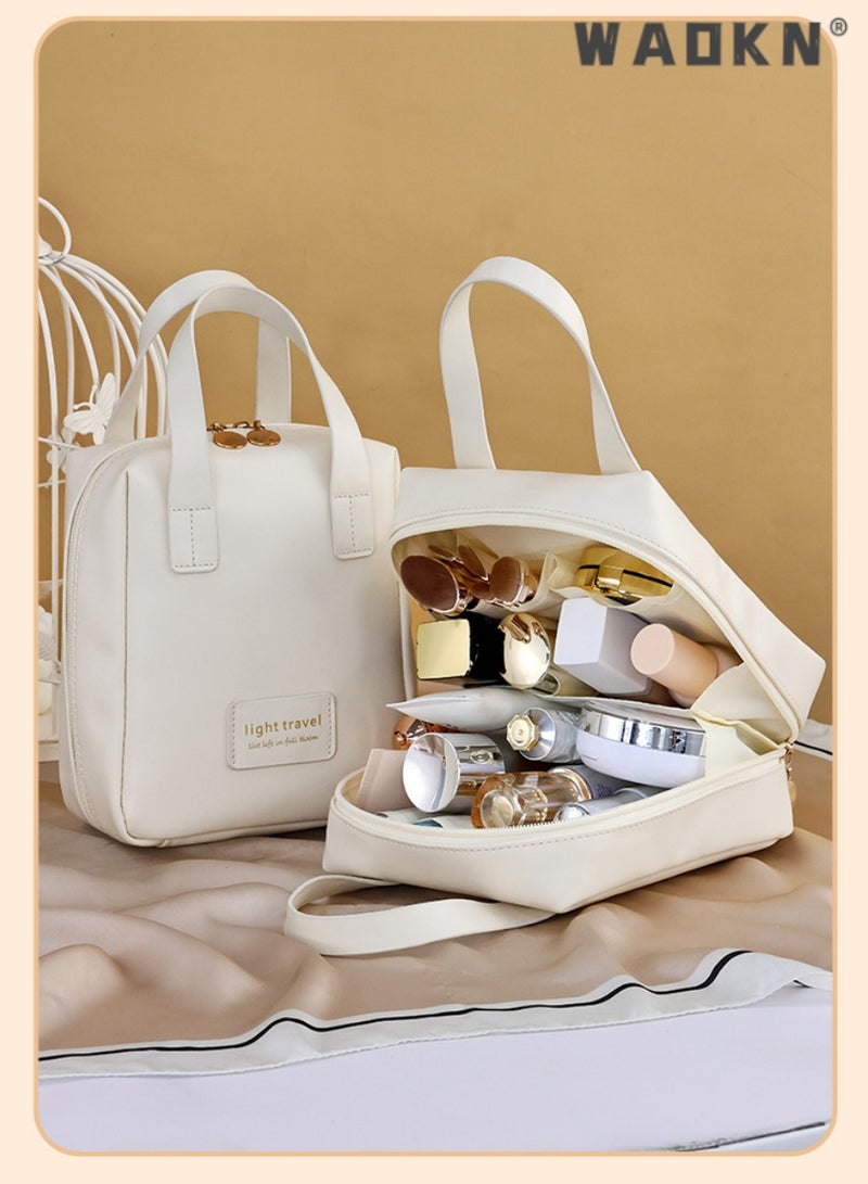 WAOKN Makeup Bag Portable Cosmetic Waterproof Bag, Large Capacity Travel Makeup Case Organizer, Makeup Bags For Women Toiletry Bag for Girls Traveling With Handle and Divider (white) - Image 4