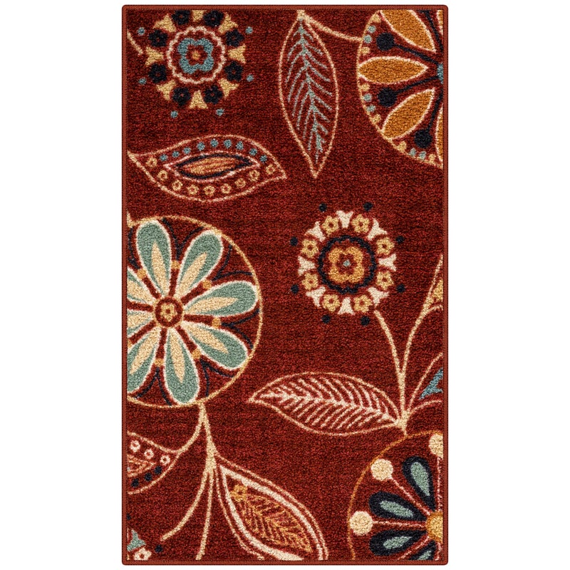 Maples Rugs Reggie Floral Kitchen Rug  Made in USA  Washable Non Slip Indoor Carpet for Entryway Foyer Kitchen and Bathroom 18 x 210 Merlot