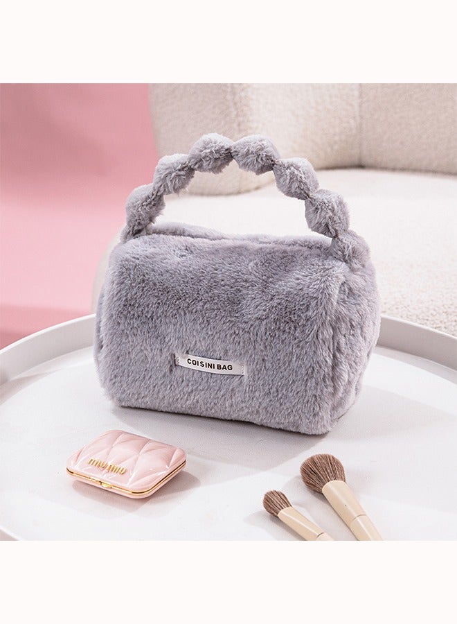 حقائب مستحضرات التجميل، حقيبة مكياج بسحاب، حقيبة تنظيم أدوات الزينة المحمولة للنساء، حقائب تخزين قطيفة كبيرة السعة للسفر، حقيبة حقيبة للعناية بالبشرة، حقيبة بمقبض لطيف (رمادي) - Image 3