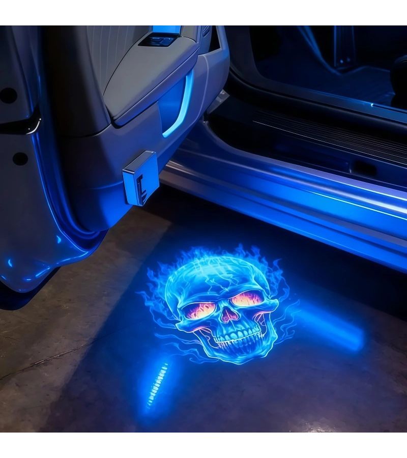 A Set Of 2 Purple Skull Decorative Car Door Lights With Infrared Sensor For All Vehicles Easy Setup - Image 2