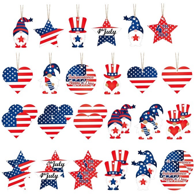 24 PCS 4TH OF JULY ORNAMENTS MEMORIAL DAY DECORATIONS PATRIOTIC INDEPENDENCE DAY WOODEN GNOME AMERICAN FLAG RED WHITE BLUE STAR HANGING ORNAMENTS FOR 4TH OF JULY VETERANS PARTY SUPPLIES
