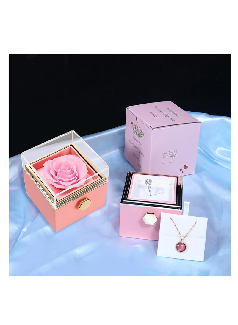 SYOSI صندوق خاتم الورد، صندوق خاتم الاقتراح يدور 360 درجة، وظائف تخزين متعددة، إبداع فريد، صندوق مجوهرات مخملي مربع لخاتم الاقتراح، أو الحفل، أو الزفاف أو المناسبات الخاصة (وردي) - Image 3