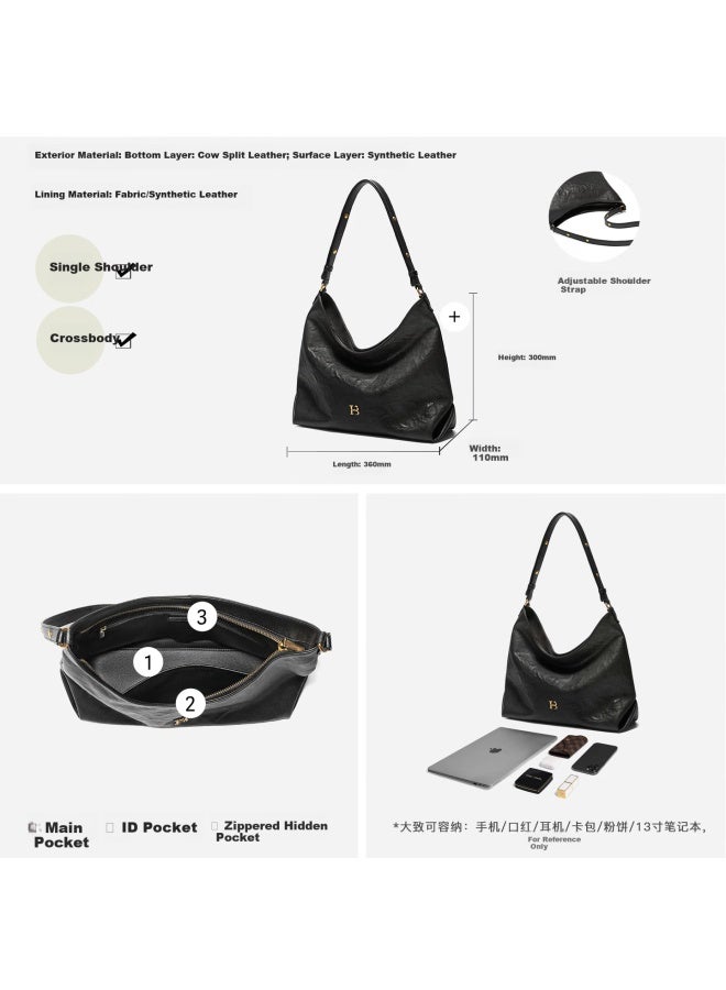 Belle Women's Time Vegetable Tanned Hobo Bag Gift Vintage Crossbody Tote Bag 2067acx5 Black - Image 4