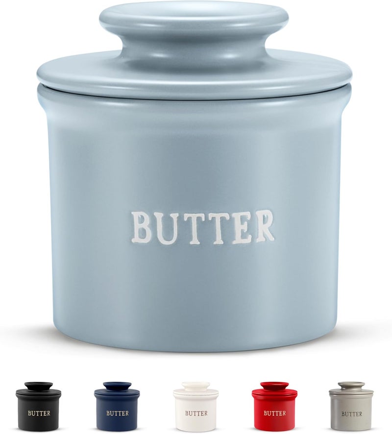 Kook Butter Keeper Dish, French Ceramic Crock For Counter With Lid, Embossed Container, For Soft Butter, Perfect for Chrismas Gift, Home and Kitchen Decor (Casper Blue) - Image 1