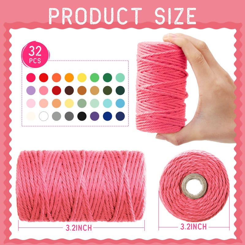 Kenning 32 Rolls Macrame Cord 4 Strand 3 MM x 1760 Yards Natural Cotton Rope Bulk Colored Cotton Craft Cord DIY Twine Colorful Macrame String for Knitting Gift Wrapping Wall Hanging(Colorful) - Image 2