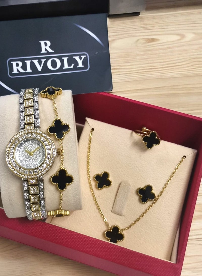 Rivoly Elegant women's stainless-steel set consisting of a waterproof watch with a set of bracelets, rings, necklaces, and earrings - Image 2