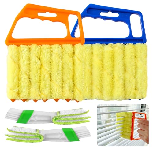 HAOHOMIO 4Pcs Blind Cleaner Duster Tool Set with 7-Finger & 3-Finger Brushes，Washable Multi-Surface Dusting Kit for Wood Blinds, Venetian Blinds, AC Vents, Car Vents, Shutters & Fans (Orange+Blue) - Image 1