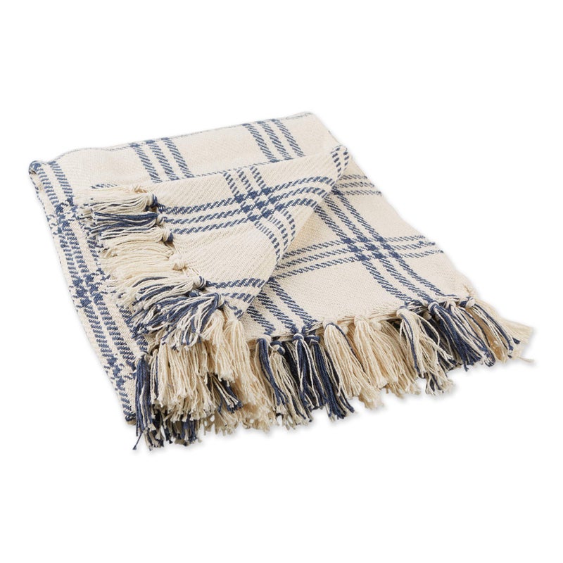 DII Modern Farmhouse Plaid Collection Cotton Fringe Throw Blanket, 50x60, White/French Blue - Image 1