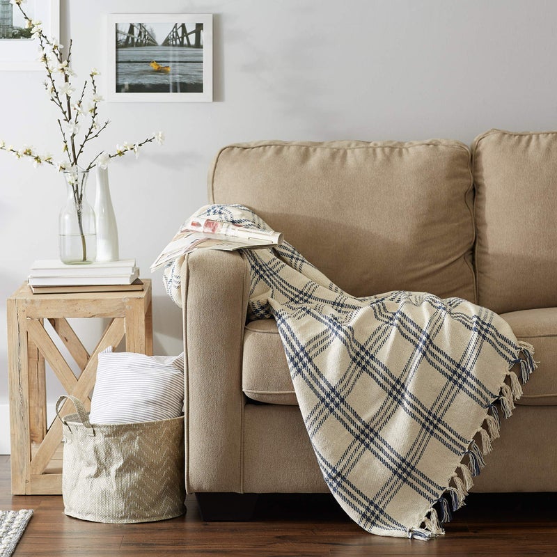 DII Modern Farmhouse Plaid Collection Cotton Fringe Throw Blanket, 50x60, White/French Blue - Image 4