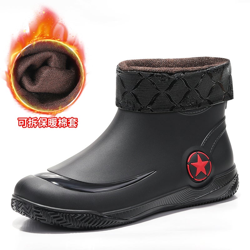 New fashion short rain shoes mens four seasons water boots low non-slip fishing water shoes waterproof rain shoes factory direct sales Black (plus cotton)