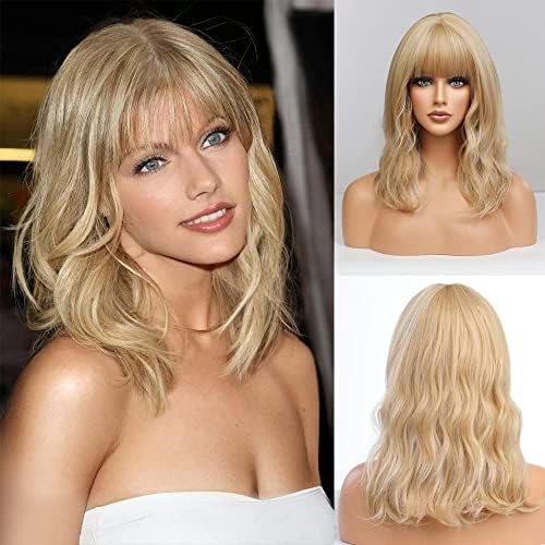 EMMOR Short Curly Wigs with BangsWavy Bob Wigs for Women Heat Resistant Synthetic Wigs Shoulder Length Wigs Natural Looking Mixed Blonde - Image 2