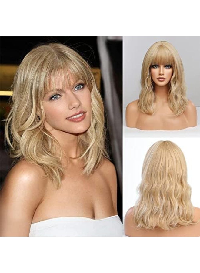EMMOR Short Curly Wigs with BangsWavy Bob Wigs for Women Heat Resistant Synthetic Wigs Shoulder Length Wigs Natural Looking Mixed Blonde - Image 1