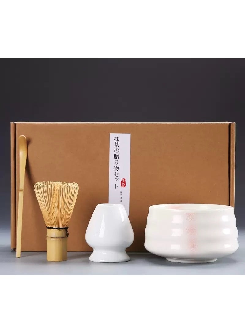 FLYHSO 4 Piece Matcha Set, Traditional Handmade Tea Tool with Ceramic Bowl, Scoop, Prong Bamboo Matcha Whisk and Holder - Image 1