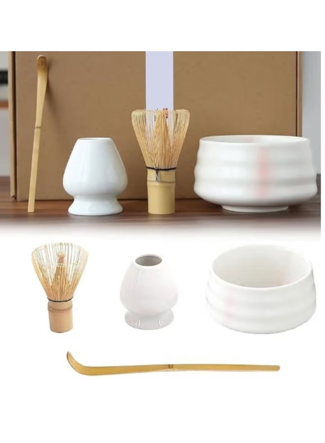 FLYHSO 4 Piece Matcha Tea Set Matcha Whisk Kit Matcha Ceramic Bowl Matcha Whisk, White Whisk Holder Traditional Scoop Perfect Set to a Traditional of Matcha Tool - Image 1