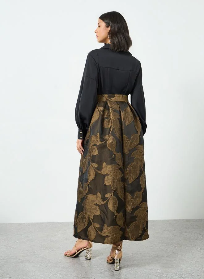 Styli black Brown Floral Jacquard Belted Maxi Dress for Women | Best Price UAE