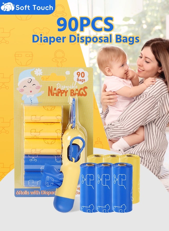 Soft Touch 90PCS Diaper Disposal Bags, 5 Rolls Portable Diaper Sack, Disposable Bag for Babies, Baby Poop Bag, Infant Nappy Bags, Diaper Garbage Bag with Dispenser, Convenient and Quick Diaper Disposal Essential for Travel - Image 1