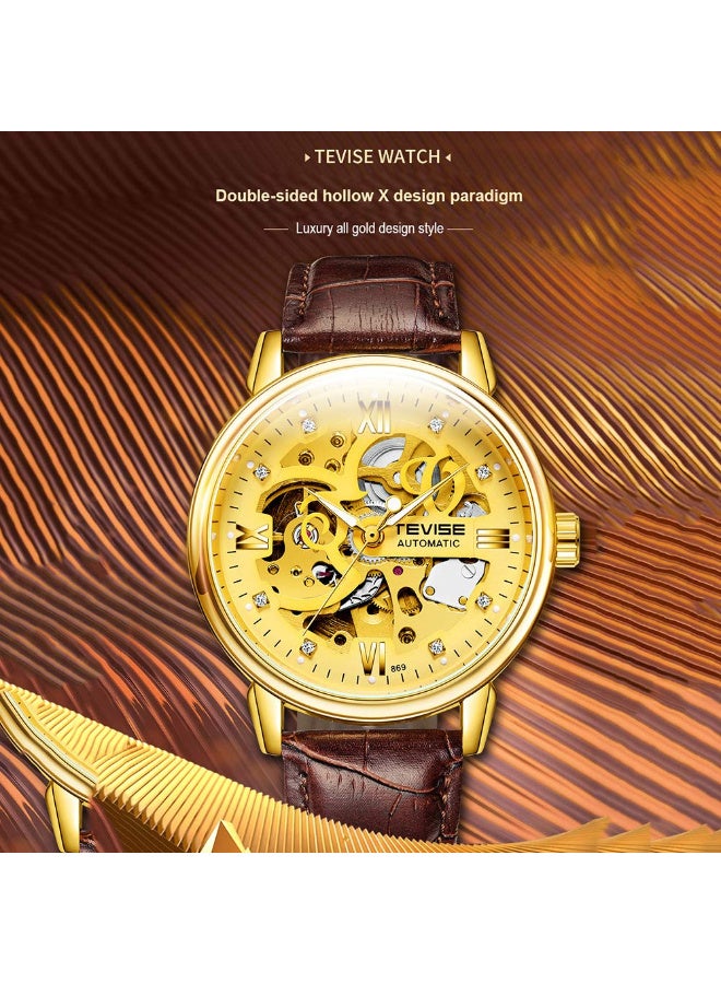 TEVISE Men Watches Automatic Mechanical Skeleton Diamond-Studded Watch Genuine Leather Band Luminous Hands 3ATM Waterproof Male Fashion Wristwatch - Image 3