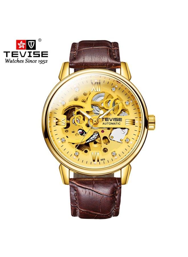 TEVISE Men Watches Automatic Mechanical Skeleton Diamond-Studded Watch Genuine Leather Band Luminous Hands 3ATM Waterproof Male Fashion Wristwatch - Image 1