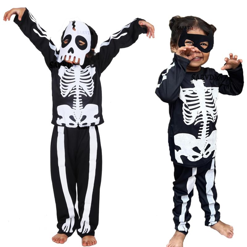 Sarvda Halloween Skeleton Dress for Boys and Girls | Costume with 2 Masks | Dracula Teeth | Makeup Tattoo | Ghost Devil Vampire Zombie Skull Horror | For: 5 to 6 Year Boys & Girls - Image 3