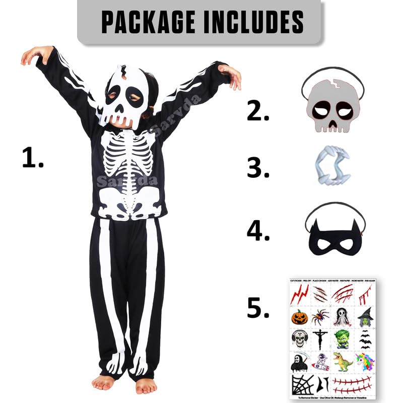 Sarvda Halloween Skeleton Dress for Boys and Girls | Costume with 2 Masks | Dracula Teeth | Makeup Tattoo | Ghost Devil Vampire Zombie Skull Horror | For: 5 to 6 Year Boys & Girls - Image 2