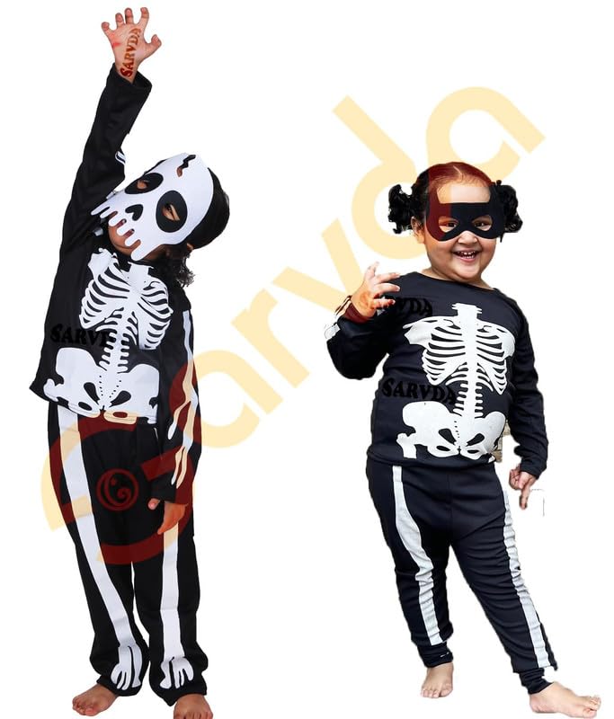 Sarvda Halloween Skeleton Dress for Boys and Girls | Costume with 2 Masks | Dracula Teeth | Makeup Tattoo | Ghost Devil Vampire Zombie Skull Horror | For: 5 to 6 Year Boys & Girls - Image 5