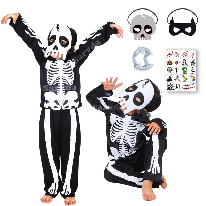 Sarvda Halloween Skeleton Dress for Boys and Girls | Costume with 2 Masks | Dracula Teeth | Makeup Tattoo | Ghost Devil Vampire Zombie Skull Horror | For: 5 to 6 Year Boys & Girls - Image 1