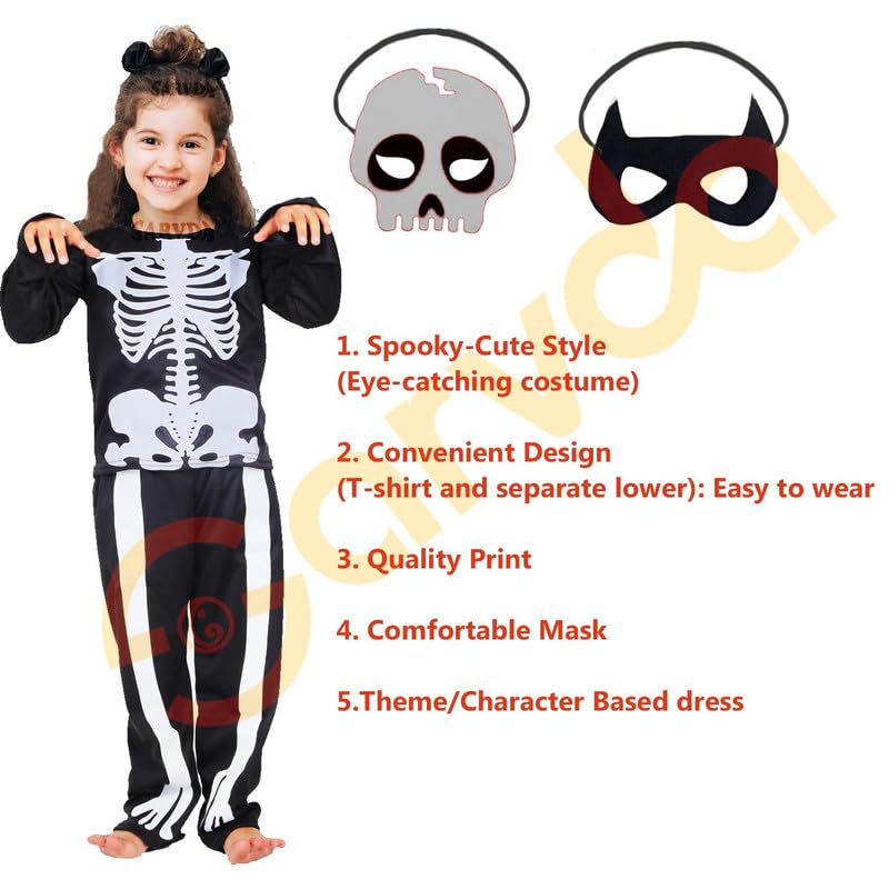 Sarvda Halloween Skeleton Dress for Boys and Girls | Costume with 2 Masks | Dracula Teeth | Makeup Tattoo | Ghost Devil Vampire Zombie Skull Horror | For: 5 to 6 Year Boys & Girls - Image 4