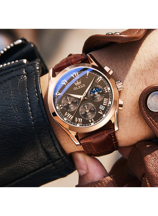 أوليفز ساعات OLEVS للرجال من الجلد التناظرية كوارتز ساعة رسمية أنيقة للعمل واليوم والتاريخ وساعات معصم رجالية كاجوال مقاومة للماء ومضيئة - Image 2
