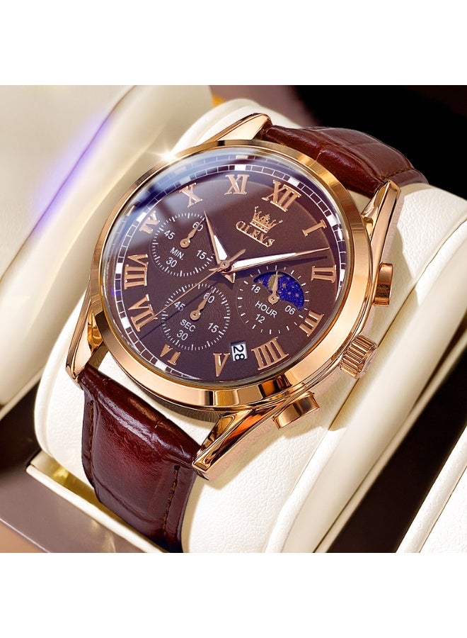 أوليفز ساعات OLEVS للرجال من الجلد التناظرية كوارتز ساعة رسمية أنيقة للعمل واليوم والتاريخ وساعات معصم رجالية كاجوال مقاومة للماء ومضيئة - Image 1