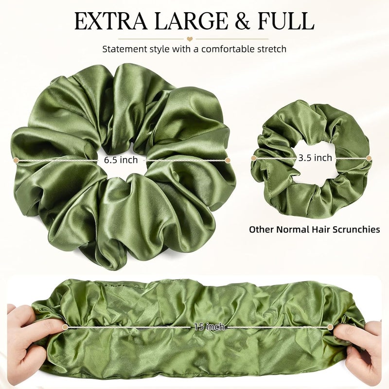 CEELGON 2 PCS Green Jumbo Satin Silky Scrunchies 6.5 Inches Oversized Scrunchie Extra Large Big Hair Ties Ponytail Holder for Thick Curly Hair Women (Sage, Olive Green) - Image 4