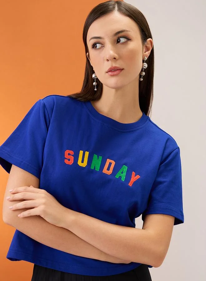 globus Blue Embroidered Slogan Boxy Fit Crop T-Shirt