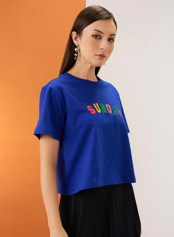 globus Blue Embroidered Slogan Boxy Fit Crop T-Shirt