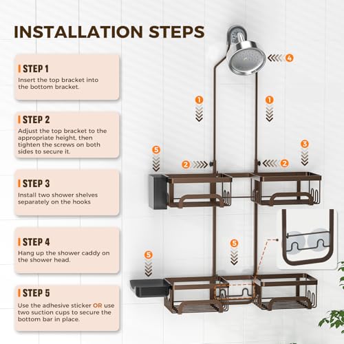 REINHARDT Shower Caddy Hanging for Handheld Showerheads Adjustable Split Shower Caddy, Rustproof Shower Organizer with Hooks for Razor Over the Head Caddy with Soap Holder Bathroom Accessories, Bronze - Image 5