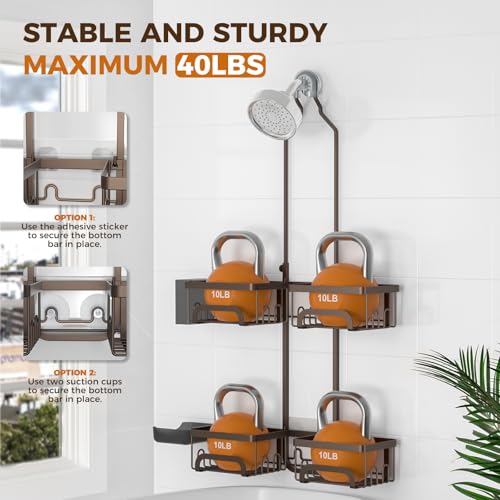 REINHARDT Shower Caddy Hanging for Handheld Showerheads Adjustable Split Shower Caddy, Rustproof Shower Organizer with Hooks for Razor Over the Head Caddy with Soap Holder Bathroom Accessories, Bronze - Image 4