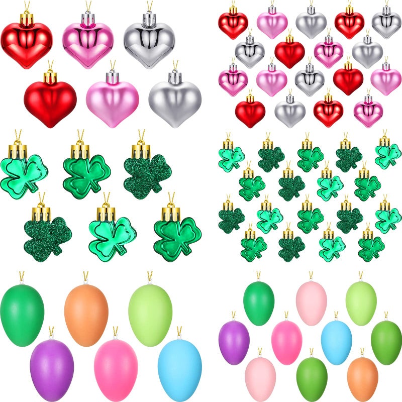 Juinte 64 Pieces Valentine's Heart Shaped Ornaments Heart Shaped Baubles St Patrick's Day Shamrocks Easter Hanging Egg Baubles Mini Valentine Ornaments for Holiday Hanging Decors (Lively) - Image 1
