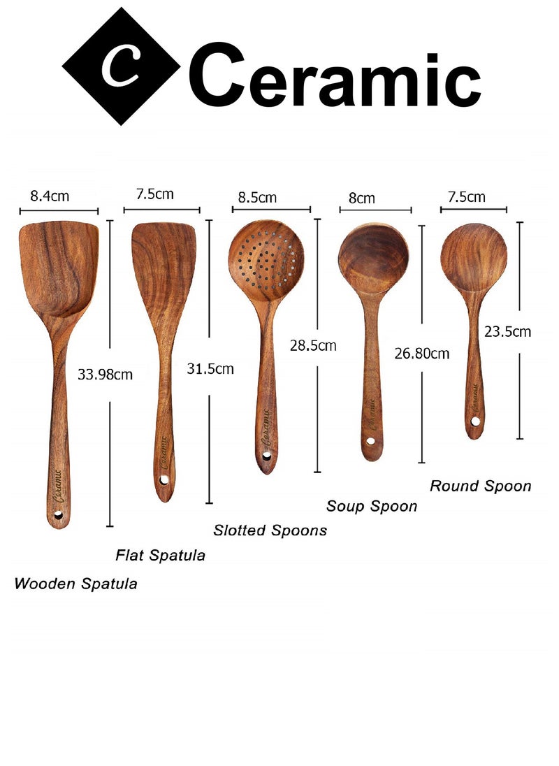 CERAMIC - Wooden Kitchen Cooking Utensils 6 PCS Teak Wooden Spoons and Spatula for Cooking Sleek and Non-stick Cookware - Image 1