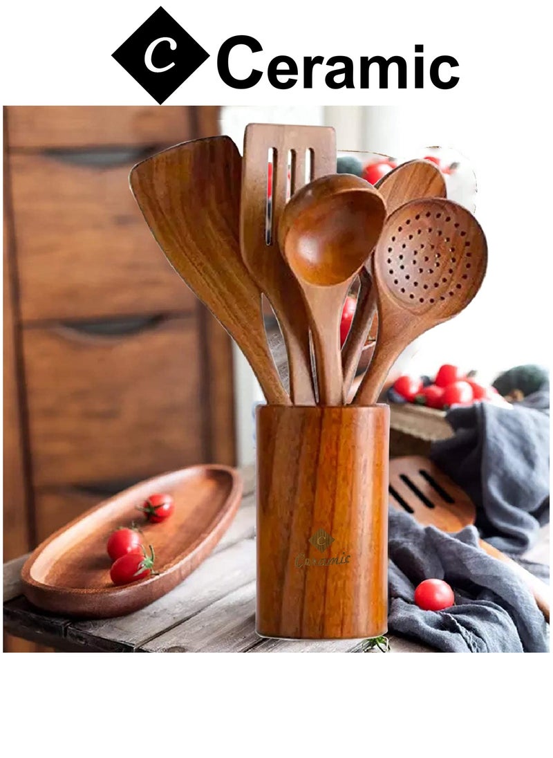 CERAMIC - Wooden Kitchen Cooking Utensils 6 PCS Teak Wooden Spoons and Spatula for Cooking Sleek and Non-stick Cookware - Image 1