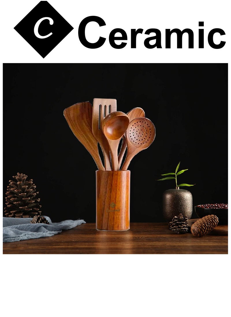 CERAMIC - Wooden Kitchen Cooking Utensils 6 PCS Teak Wooden Spoons and Spatula for Cooking Sleek and Non-stick Cookware - Image 1