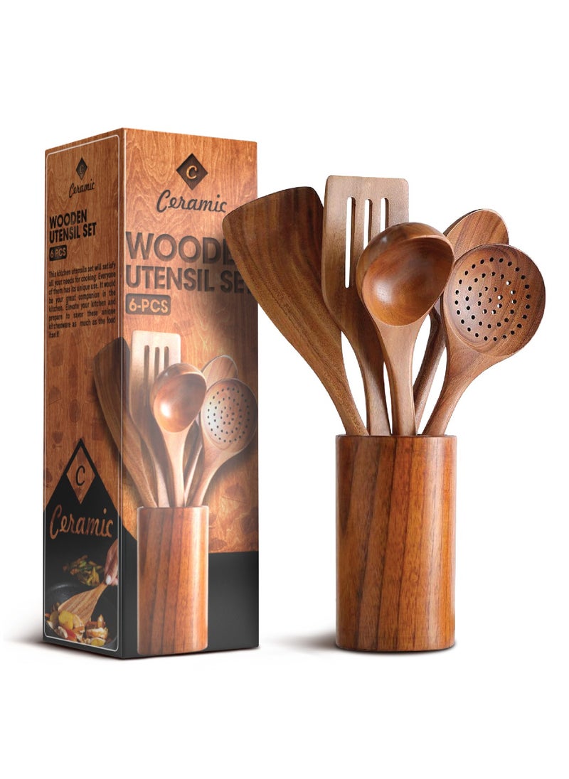 CERAMIC - Wooden Kitchen Cooking Utensils 6 PCS Teak Wooden Spoons and Spatula for Cooking Sleek and Non-stick Cookware - Image 1