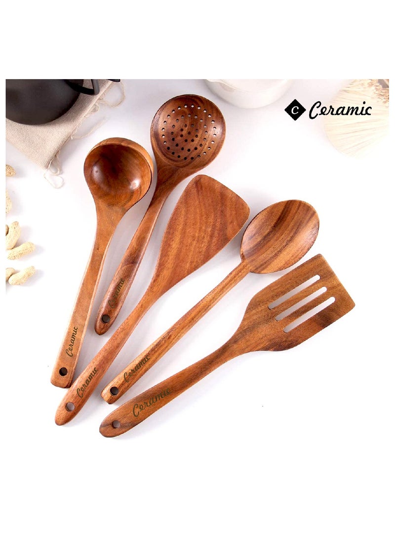 CERAMIC - Wooden Kitchen Cooking Utensils 6 PCS Teak Wooden Spoons and Spatula for Cooking Sleek and Non-stick Cookware - Image 1