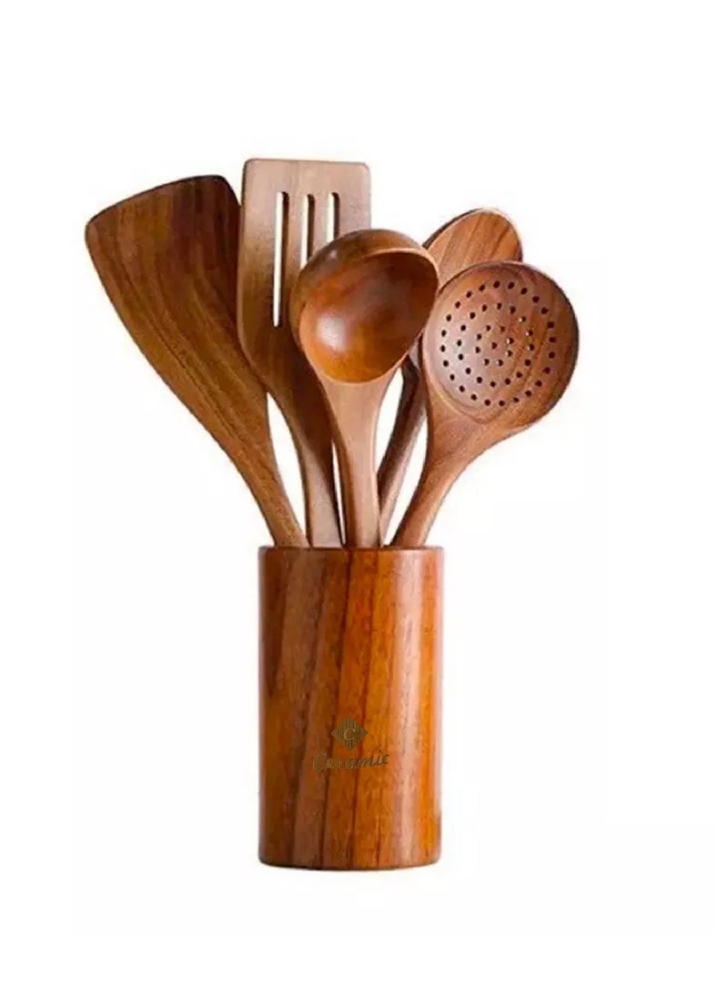 CERAMIC - Wooden Kitchen Cooking Utensils 6 PCS Teak Wooden Spoons and Spatula for Cooking Sleek and Non-stick Cookware - Image 1