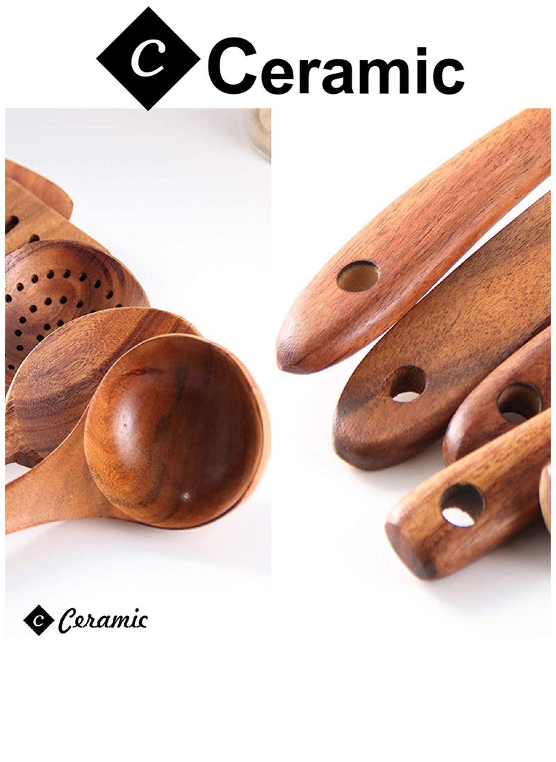 CERAMIC - Wooden Kitchen Cooking Utensils 6 PCS Teak Wooden Spoons and Spatula for Cooking Sleek and Non-stick Cookware - Image 1