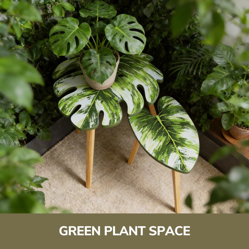 BAMEOS Monstera Leaf Nesting Tables Set of 2, Small Side Tables f Set with Leaf Vein Pattern, Modern Wooden CoffeeTables for Living Room Bedroom Apartment Balcony Yard - Image 4