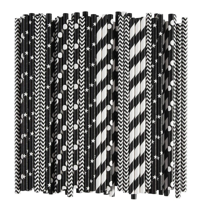 ALINK Biodegradable Black Paper Straws  100 Stars/Dots/Stripes/Waves Drinking Straws for Halloween  Birthday  Wedding  Bridal/Baby Shower and Christmas Decorations - Image 2