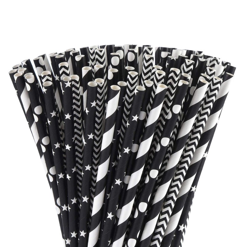 ALINK Biodegradable Black Paper Straws  100 Stars/Dots/Stripes/Waves Drinking Straws for Halloween  Birthday  Wedding  Bridal/Baby Shower and Christmas Decorations - Image 1