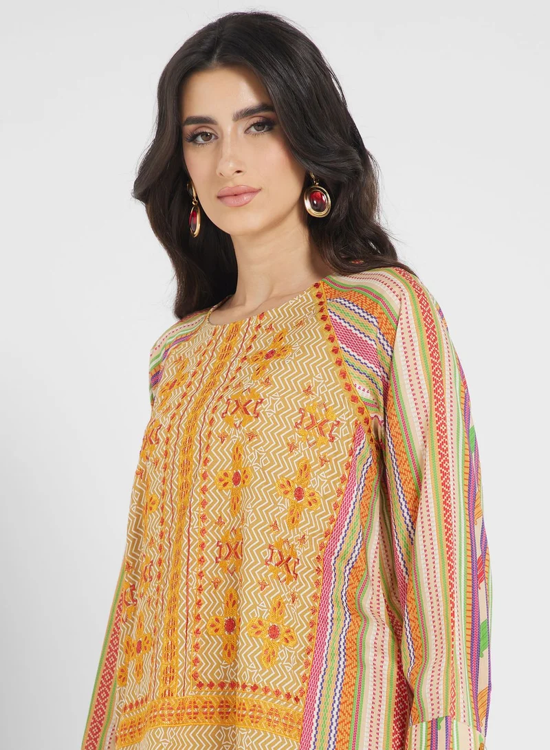 Nishat Linen Printed Crew Neck Jalabiya