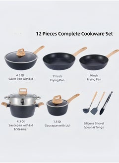 nihao Granite Medical Stone 12-piece Set Non-stick Cookware Set Pan Frying Pan, With Stainless Steel Lids, PFOA Free ,LEAD Free ,CADMIUM Free - Black  - Image 2