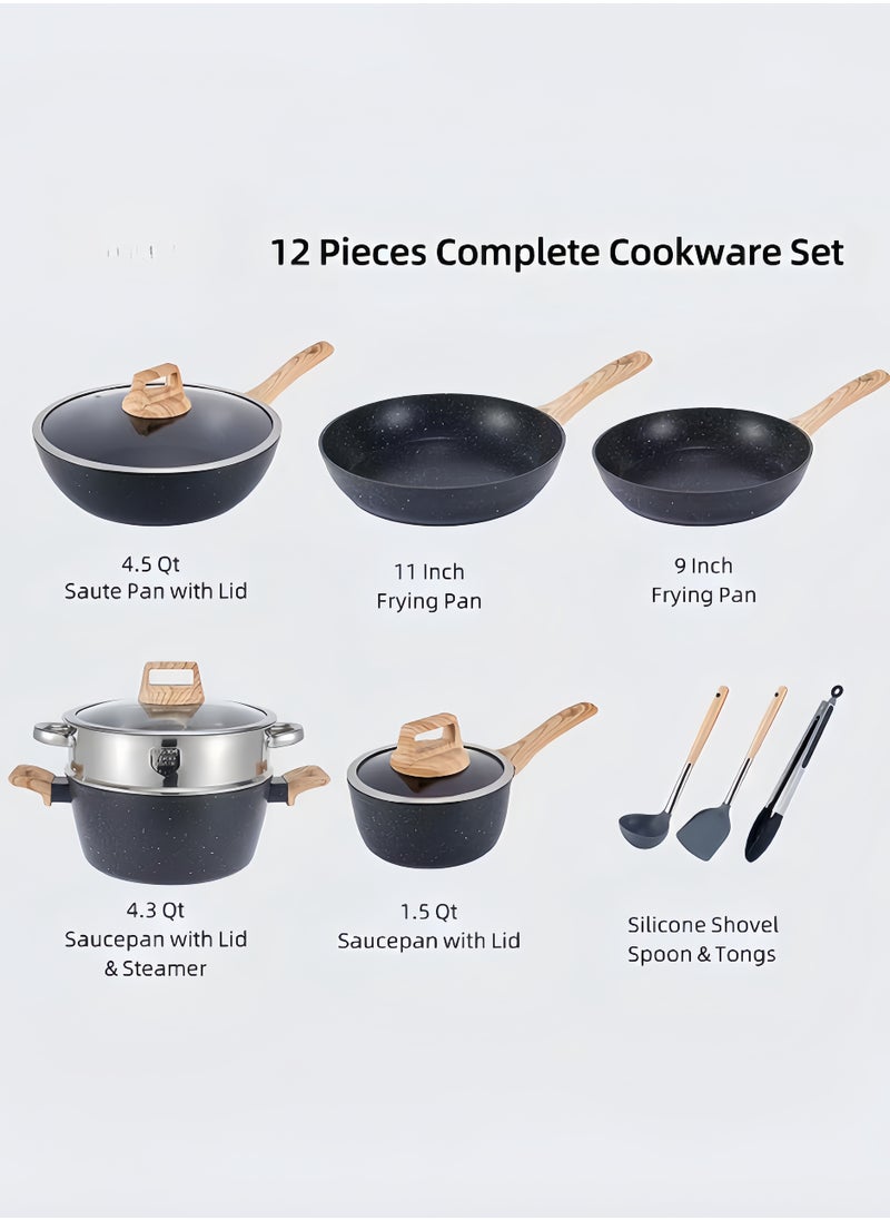 nihao - Granite Medical Stone 12-piece Set Non-stick Cookware Set Pan Frying Pan, With Stainless Steel Lids, PFOA Free ,LEAD Free ,CADMIUM Free - Black - Image 1