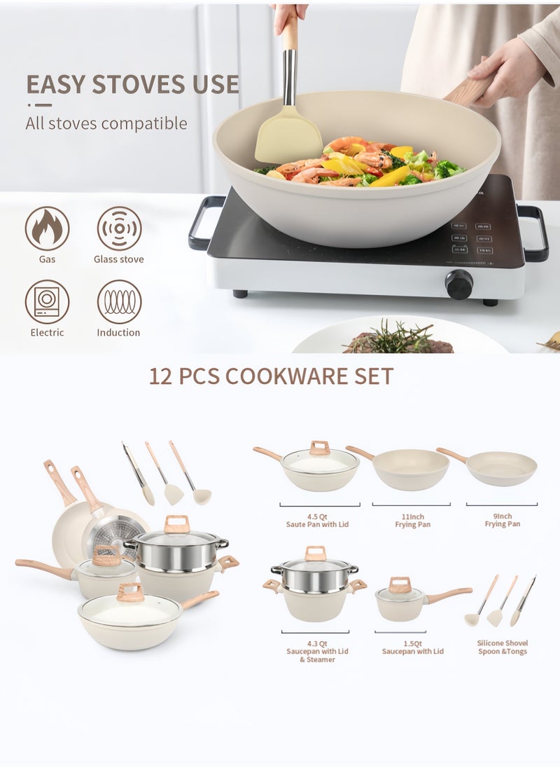 nihao - Granite Medical Stone 12-piece Set Non-stick Cookware Set Pan Frying Pan, With Stainless Steel Lids, PFOA Free ,LEAD Free ,CADMIUM Free - Black - Image 1